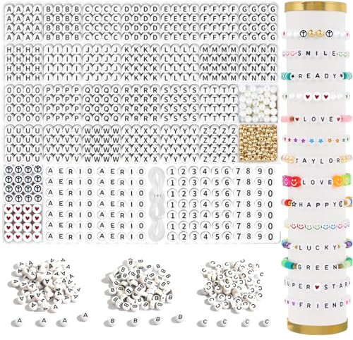 HOAENTSA Brief Bead Set 1950er Stücke, mit zusätzlichen Vowel und Zahl Beads 4,7mm runde Buchstabe Beads, mit Abstandsperlen für Produce Armband Halskette und Freundschaft Armband Kits