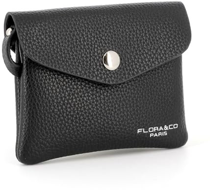 flora & co - Petit Porte-Monnaie Cartes Similicuir Souple - Portefeuille Pochette Rabat Zip avec Crochet Porte-clé - Pratique Léger - Noir
