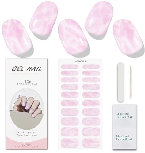 JMEOWIO Gel Nail Stickers Pink Marble Semi Cured Gel Nail Strips Wraps UV/LED Nail Supplies Nail Art Design Decoration Accessories