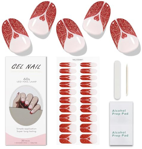 JMEOWIO Gel Nail Stickers Valentines Day Cream Pink Glitter Red Heart Semi Cured Gel Nail Strips Wraps UV/LED Nail Supplies Nail Art Design Decoration Accessories