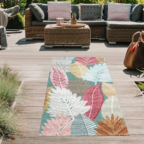 Teppich-Traum In-und Outdoor Teppich Küche Balkon Terrasse wetterbeständig pflegeleicht Hoch Tief Effekt florales Design modern türkis bunt 80 x 150 cm