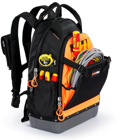 WISEPRO Tool Bag Backpack, Heavy Duty Tradesman Tool Bag with 30 Pockets, Detachable Tool Board, Waterproof Bottom, Tool Backpack for Hvac Electrician Construction Jobsite