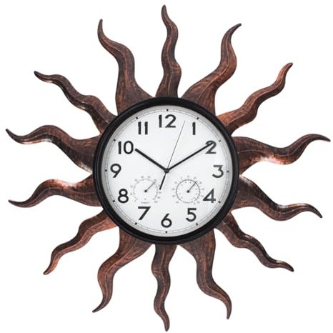 HOBYLUBY Große Außenuhr, leise, nicht tickend, Sonnen-Wanduhr mit Thermometer und Hygrometer, Kombi-Außenuhr für Terrasse, Heimdekoration (braun)