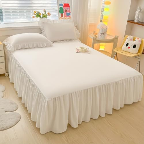 Highdi Betthusse 140x200 Bettrock, Elastische Bettwäsche mit Rüschen, Weiß Baumwolle Bed Skirt Umwickeln mit Elastischem Gürtel - 40 cm Rock – Schrumpffest und Farbecht