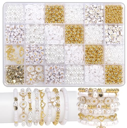 BOMULEZG Weiße Perlen Set zum Armbänder Selber Machen, DIY Schmuck Bastelset für Mädchen & Erwachsene, Perlen zum Auffädeln für Armband, Halskette, Geschenkideen (7)