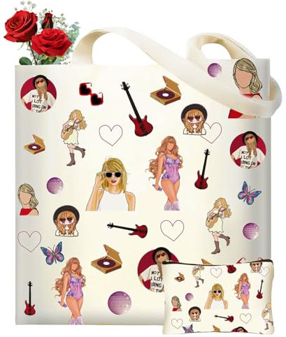 Onperpoe Canvas-Tragetasche mit Make-up-Tasche, musikalische Canvas-Tasche, Handtasche, wiederverwendbare Einkaufstaschen mit Reißverschluss, Kosmetiktaschen-Set, Musikgeschenke für Frauen, Sänger,