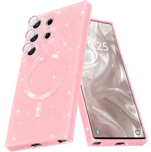 Micoden Coque Magnétique pour Samsung Galaxy S25 Ultra Etui à Paillettes Brillant Compatible avec MagSafe Charge sans Fil Housse de Protection Antichoc pour Appareil Photo Silicone TPU Souple,Rose