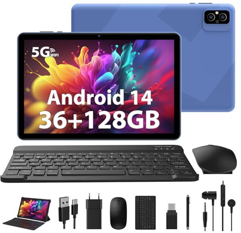 WOREGOO 10 pollici Tablet, Android 14 Touch Tablet 36G RAM+128G ROM (1TB TF), 5G WiFi, Octa-Core 2.0Ghz, 8000mAh, 1280 * 800 HD, 5MP + 8MP fotocamera con tastiera/mouse/caso -Blu