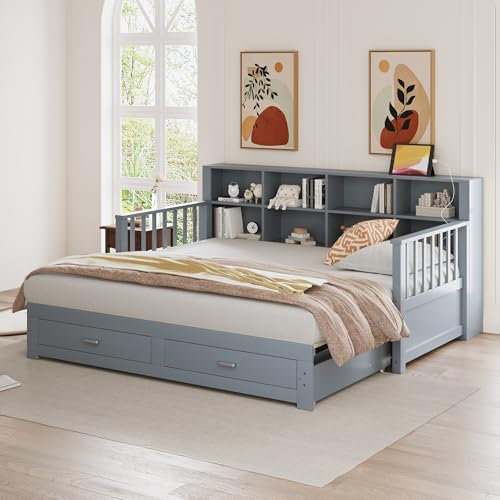 UATARU Extendable Sofa Bed with 2 Drawers and Charging Socket, Day Bed Frame Guest Bed Youth Bed with Slatted Frames Single/Double Bed, Without Mattress (Grey)