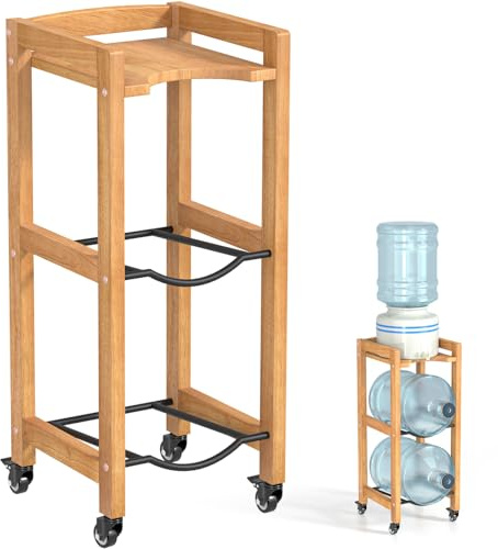 3-Tier 5 Gallon Water Jug Holder with Top Shelf – 4 Metal Wheels or Adjustable Feet – Natural Hardwood Water Dispenser Floor Stand – Wooden Organizer for Kitchen, Office, Garage – Space-Saving Design.