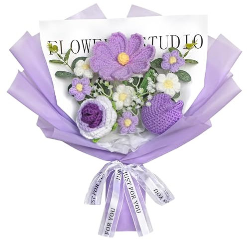 MEIVINES Bouquet di Fiori all'Uncinetto Completato Fiori Artificiali Tulipani Rose Margherita Lavoro a Maglia Uncinetto Bouquet Per Gli Amici Famiglia Ufficio Vaso Decorativo (Viola)