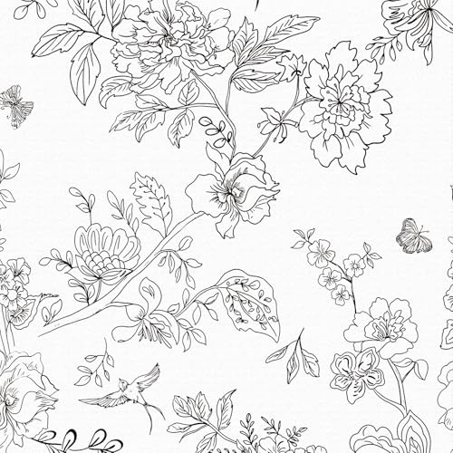 Black and White Self Adhesive Wallpaper,44 x 500cm Flowers and Birds Wallpaper Woodland Wall paper Black Floral Leaf Plants Wall paper Self Adhesive Furniture Wrap for Living Room,Bathroom,Drawer