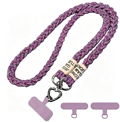 Heuskay Cordon pour téléphone avec patch, cordon croisé pour le cou, lanière pour téléphone portable de plein air, corde tressée, cordon pour clés et plus, couleur violet