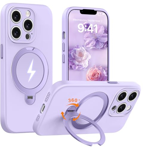 AurySharled 360° Magnet Ständer für iPhone 14 pro max Hülle, Helllila | Upgraded Kameraschutz, Mil-Grade Drop Shockproof stoßfeste Weiches Anti-Scratch Mikrofaserfutter, Liquid Silicone Hülle