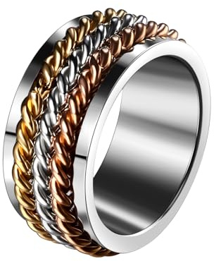 Flongo Anti Stress Ring für Damen: Dreifarbig Edelstahl Spinner Fingerring - Drehbar Angst Daumenring - Fidget Ring für Frauen - Beruhigung Schmuck gegen Nervosität - Größe 7
