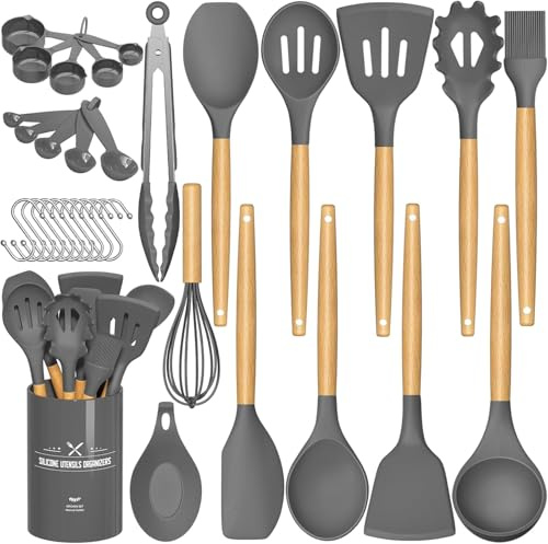 Cooking Utensils Set – 24pcs Non Stick Kitchen Utensils Set with Holder, Natural Wooden Handle Cookware Tongs Spatula Spoon Set, Heat Resistant, Kitchen Tools & Accessories-Grey