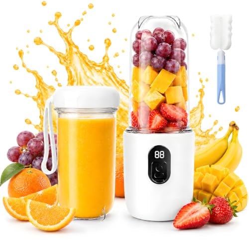 Blender Portable, 500 ml Blender Smoothie avec Affichage Numérique, Rechargeable Mixeur Smoothie avec Brosse de Nettoyage, 16 Lames Mini Blender Portable pour Voyage Cuisine Bureau (Blanc)