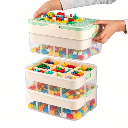 BREEZENEST 3-Tier Organiser with Lids Stackable Storage Box with Adjustable Compartments White Minimalist Design for Building Bricks, 33x33x34cm (Green)