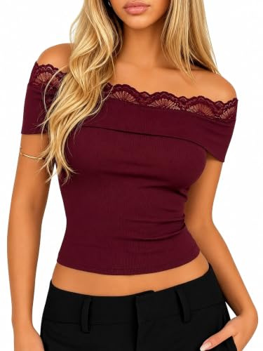 Navneet Women Off Shoulder Tops Sexy Lace Bardot Top | Y2K Going Out Top Asymmetrical Fitted Tops Night Out Clubbing Tops Elegant Party Tops Rave Festival Outfit Holidays