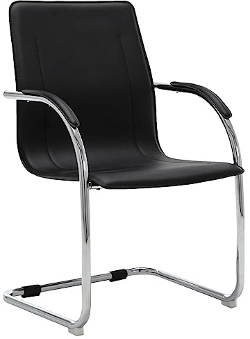 Foknhdi Freischwinger Bürostuhl Schwarz - Ergonomischer Konferenzstuhl aus Kunstleder mit Armlehnen, stabiles verchromtes Eisengestell, moderner Schwingstuhl für Büro und Home Office, 55x59x88 cm