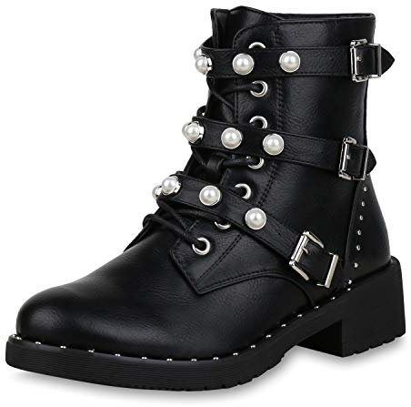 SCARPE VITA Damen Stiefeletten Schnürstiefeletten Zierperlen Boots Nieten 170934 Schwarz 37