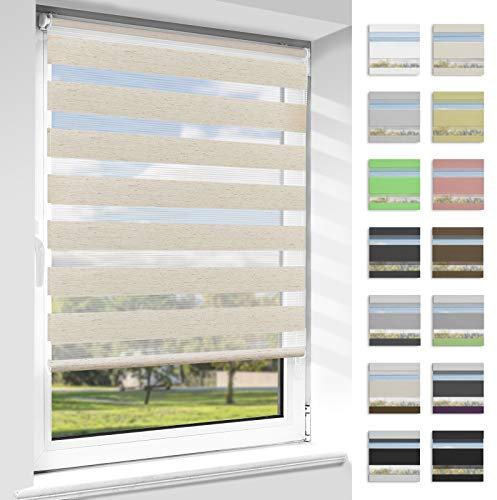 OUBO Doppelrollo Klemmfix ohne Bohren Duo Rollos für Fenster & Türen (Natur, 110cm x 230cm), Klemmrollo Seitenzugrollo Sicht und Sonnenschutz, Lichtdurchlässig und Verdunkelnd.