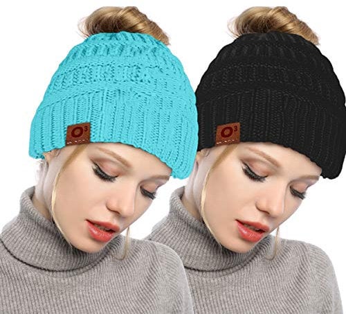 O³ Strickmütze mit Zopfloch, Mütze Damen 2 Stück, Wintermütze für Pferdeschwanz, Ponytail Beanie (Hellblau und Schwarz)