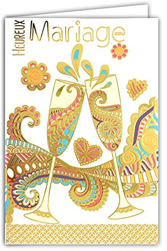 AFIE 69-7077 - Tarjeta de felicitación para bodas con dorado, 2 copas de champán, vino blanco espumoso, burbujas y volúmenes, corazones y flores, fabricado en Francia