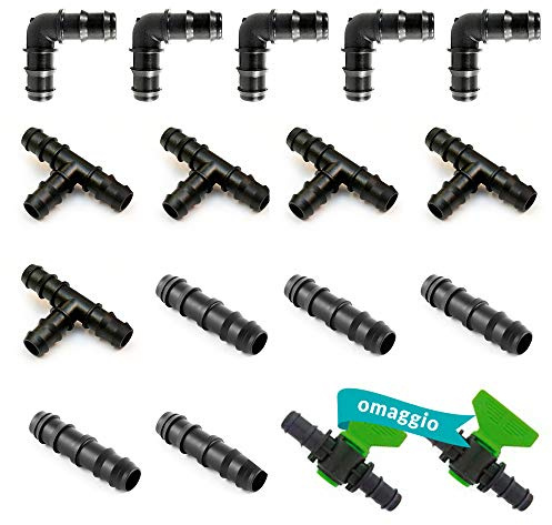 Set Raccordi Irrigazione Portagomma con 5x Gomito+5x Tee+5x Manicotto per Tubo Acqua Ala Gocciolante da 16 mm+2 Mini Valvola, Set 17 Pezzi In Polietilene Goccia a Goccia, Made in Italy (Set da 16mm)