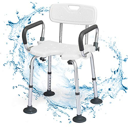 COSTWAY Shower Chair with Back and Arms, 6 Height Adjustable Bath Seat Shower Stool for Walk-in Showers, U-Shaped Portable Anti-Slip Bathtub Bench for Elderly, Disabled, Adults (White, 53x50x67-79cm)