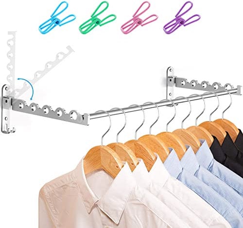 LIVEHITOP Wand Kleiderständer, Kleiderhaken Platzsparender Wandhalter Airer Hängeschiene Wandhaken Stange Aluminium für Waschküche Badezimmer Hotel (Silber, 2)
