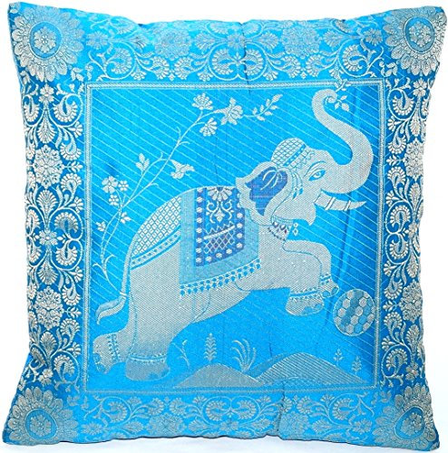 Ruwado Indische Banarasi Seide Deko Kissenbezüge 40 cm x 40 cm, Extravaganten Designs für Wohnzimmer und Schlafzimmer Dekoration - Doppel Elefant Muster 40 x 40 cm | 16 x 16 Zoll, Blau-4