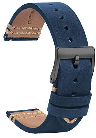 TStrap Leder Uhrenarmband 20mm - Weich Blau Quick Release Uhrenarmbänder Ersatz - Sport Uhrenarmband für Herren Damen - Smartwatches Armband mit Schwarz Schließe - 18mm 19mm 21mm 22mm