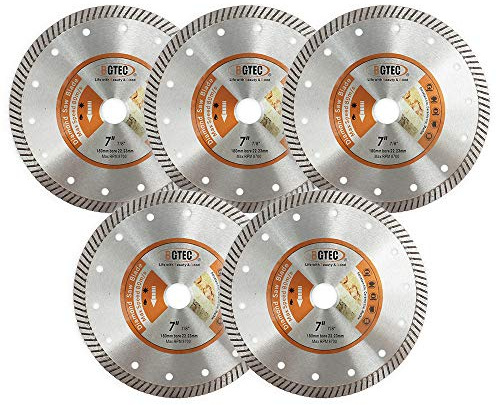 BGTEC Diamant-Fliesenblatt 5 Stück 180mm Super Thin Turbo Rim Beton-Porzellan-Sägeblatt mit 22,23 mm Dorn zum Schneiden von Porzellanfliesen Keramik-Granit-Marmor-Hartmaterial-Trennscheibe