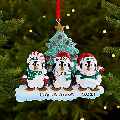 Personalised Family Christmas Xmas Tree Bauble Decoration Ornament | Winter Penguin Family | Groups 2, 3, 4, 5, 6, 7, 8 & 9 (Family of 3)