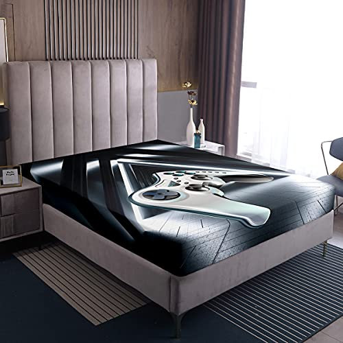 Loussiesd Spiel Boxspringbett Bettlaken Grid Plaid Gamer Spannbetttuch 140x200cm für Kinder Videospiel Gamepad Spannbettlaken Neuheit Spiel Controller 100% Weiche rutschfest Mikrofaser