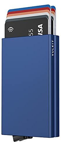 VULKIT ALPHA Portacarte di Credito da Uomo Anti RFID Portafoglio Metallo Custodia Doppio Automatico Porta Carte Credito Alluminio Rigido 10-14 Carte (Blu Navy)