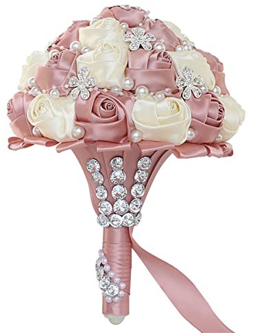 XINNI Handgefertigter Brautstrauß Hochzeit Braut Brautjungfer Satin Rose Blume Blumenstrauß mit Strass und Perlen Hochzeit Dekoration Altrosa und Elfenbein