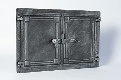 SEZAM Puerta doble para horno de pan de hierro fundido con pestillo para puerta, horno de pizza, horno de pan, puerta de horno de piedra, 48 x 3 x 32,5 cm, color plateado envejecido