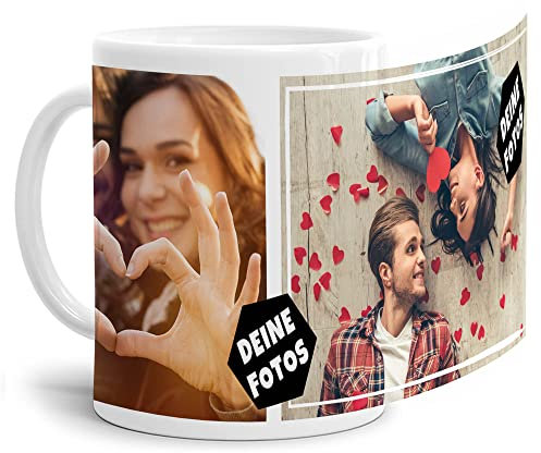 Foto-Tasse zum selbst gestalten mit Foto-Collage für 2 Wunschfotos - Geschenk für Familie, Freunde, Geburtstag, Weihnachten - Keramik Weiß, 300 ml I Personalisiert
