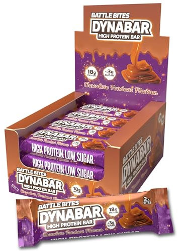 Battle Bites Dynabar High Protein Bars 12 x 60g - Chocolate Fondant Flavour - Low in Sugar, Free from Preservatives, Non-GMO, Suitable for Vegetarians - 18g protein + 242 calories per bar - Made in UK
