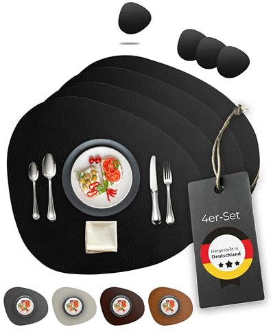 Lederfabrik Garnier® Tischsets Abwaschbar 4er-Set – Nachhaltig, Stabil & rutschfest – Edles recyceltes Leder, Made in Germany (Modern, Schwarz)