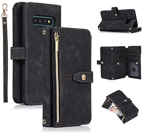 UEEBAI Étui pour Samsung Galaxy S10 Plus, Portefeuille Cuir PU Rétro Rabat Antichoc Housse avec Dragonne Fentes Cartes Fonction Support Fermeture Magnétique - Vintage Noir