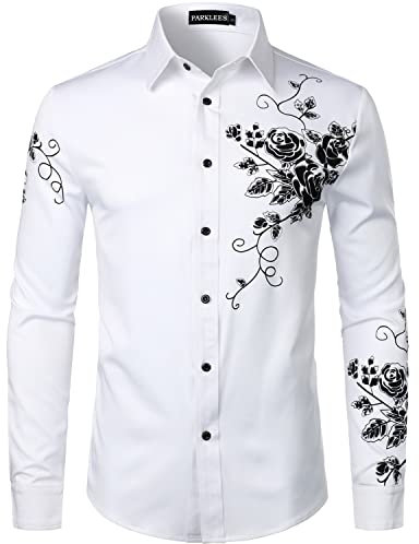 PARKLEES Men's Hipster Rose Floral Print Design Slim Fit Long Sleeve Button Up Party Dress Shirt White Black XL