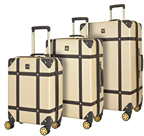 Rock Vintage Hard Shell Suitcase Set of 3 - Gold | Set Includes S, M & L Cases - Nostalgic Design, Dual 360 Swivel Wheels - TSA Lock - Lightweight Build - Impact Resistant