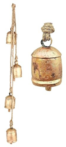 Vivanta Riesiges Kuhglocken-Set, rustikales Vintage-Glücksbringer, Kuhglocken auf Seil, 10,2 cm, 4 Glocken, Cluster, Wanddekoration, Harmonie-Glocken