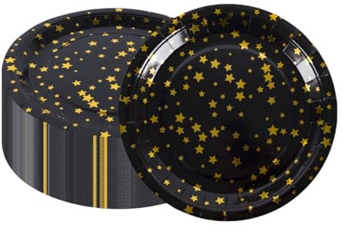 CEILIWEN Platos de papel negros y dorados, paquete de 50 decoraciones de cumpleaños de 9 pulgadas, platos redondos de estrella, platos desechables
