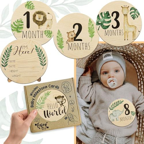 Månatliga milstolpe-kort i trä med tillkännagivande skylt, graviditet och babyshower gåvor för pojkar och flickor, nyfödd fotorekvisita
