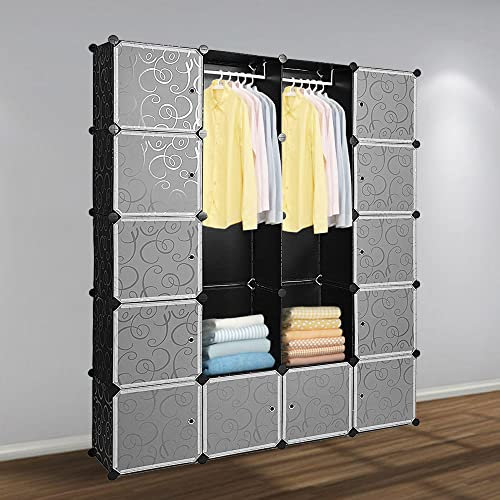 Gimisgu DIY Kleiderschrank Regalsystem 20 Würfel Garderobe Kleiderschrank Offen Kunststoff Garderobe mit Türen Garderobenschrank Schwarz 180 x 142 x 37CM