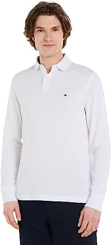 Tommy Hilfiger Men’s Regular Fit Long Sleeve Polo Shirt with Button Placket, White (White), M